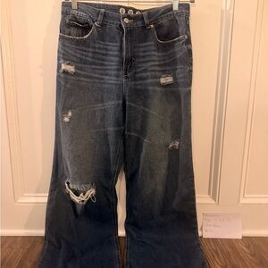 Rewash Dark Blue Distressed Wide-Leg Jeans